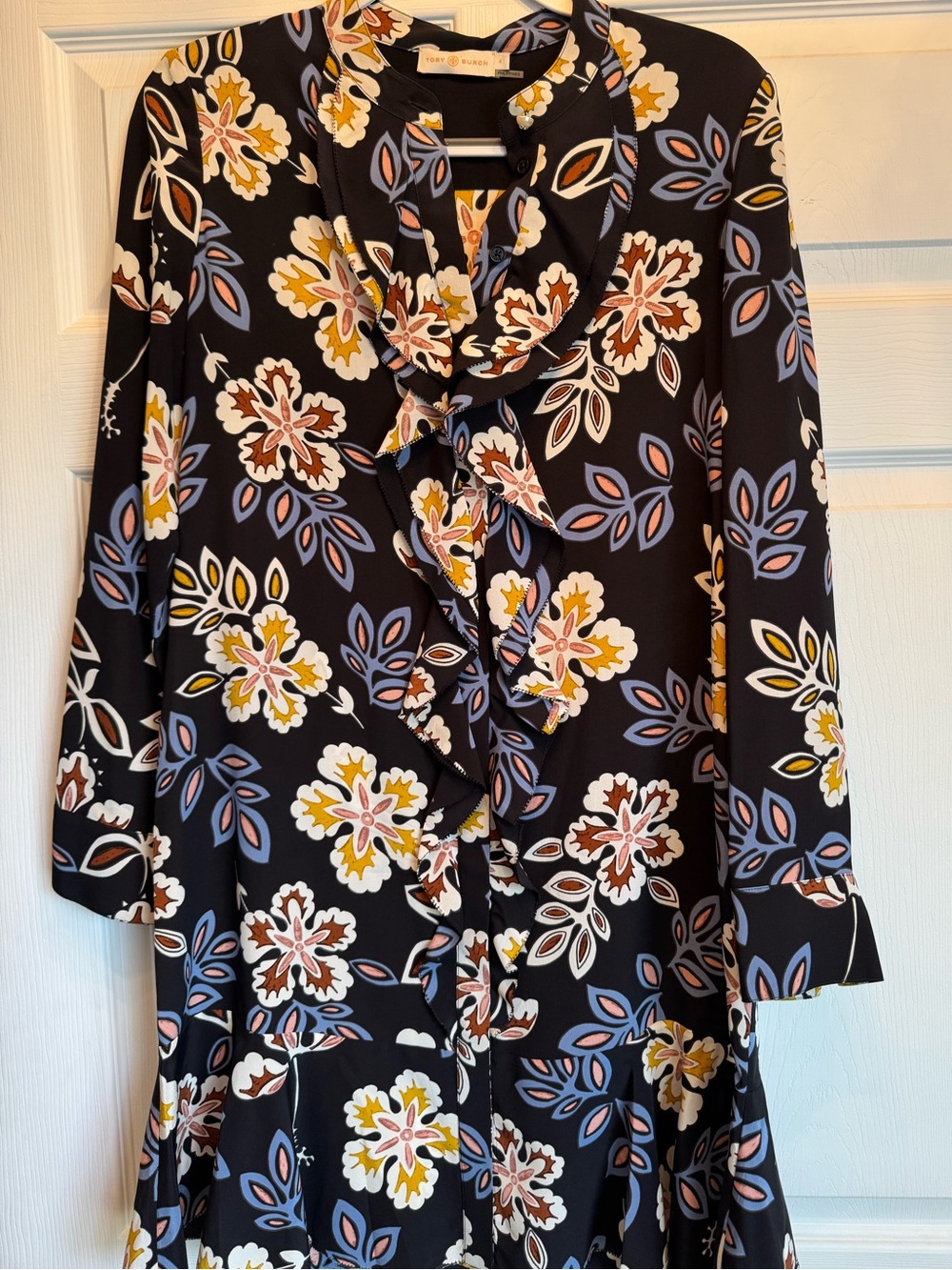 Tory Burch Black Floral Ruffle Long-Sleeve Dress
